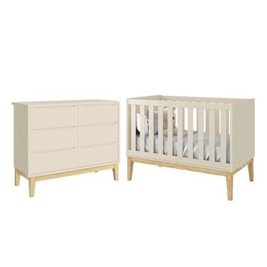 Imagem de Jogo De Quarto Infantil Classic Cômoda 6 Gavetas E Berço Areia Fosco Com Pés Madeira Natural - Reller Móveis Areia Fosco