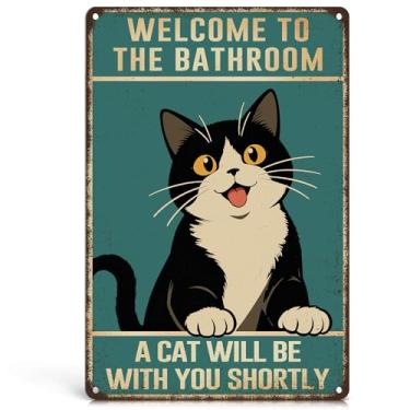 Imagem de Homely Accents Welcome to the Bathroom A Cat Will Be With You Shortly - Placa engraçada de decoração de parede de gato preto arte de parede placas de metal para banheiro banheiro vintage 30 x 20 cm