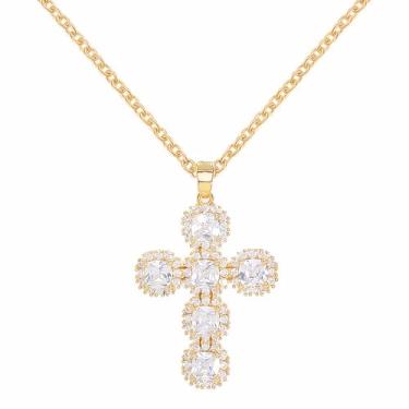 Imagem de immerFancy Colar de cruz de diamante de ouro grosso para mulheres e homens, banhado a ouro, grande, pingente de cruz cúbica, joia religiosa, presente para aniversário, Natal, 15.75 inch, Metal