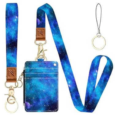 Imagem de Céu estrelado roxo 2 em 1 porta-crachá de identidade e carteira com cordão para professores, enfermeiras, profissionais - linda bolsa de moedas com zíper, alça de pulso removível e cordão de pescoço