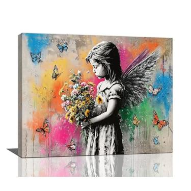 Imagem de Banksy Wall Art Butterfly Girl Pictures Street Pop Art Graffiti Canvas Wall Decor Vintage Kids Pintura Estética Decorações de Arte Emolduradas para Sala de Estar Quarto Banheiro Quarto de Criança