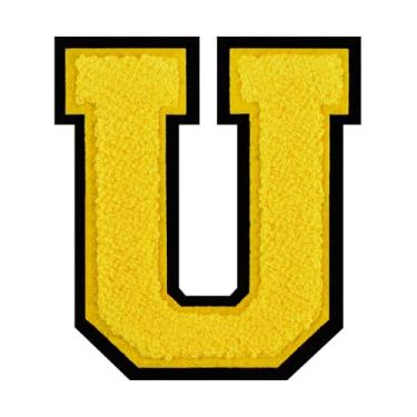 Imagem de 1 PÇ Patch de letra de chenille amarelo de 11,4 cm com borda preta – Remendos do alfabeto para roupas, jaquetas, mochilas, chapéus para decoração personalizada, nome personalizado e artesanato. (U)