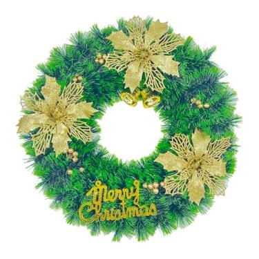 Imagem de Guirlanda de Natal de 38 cm com flores douradas, ornamento de sino e placa de "Feliz Natal" – decoração de porta de Natal verde