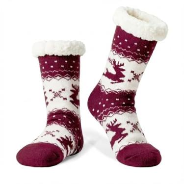 Imagem de LIGHT DOT Meias femininas de inverno com forro de lã de ovelha, estampa de rena, antiderrapante, confortável, macia, quente, presente de Natal, Roxa, 6-10
