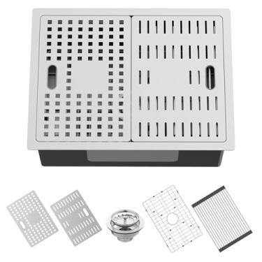 Imagem de Pia de cozinha de 61 x 45 cm com tampa dupla - pia de cozinha de aço inoxidável com borda embutida na pia da estação de trabalho cobrindo totalmente a pia para criar espaço de trabalho/área de