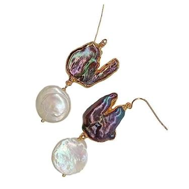 Imagem de Brincos pendentes de luxo feitos à mão feitos à mão para mulheres Freeform preto Keshi pérola branca pérola de água doce banhado a ouro