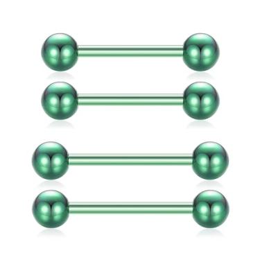 Imagem de QUZIONE Joias de piercing de mamilo, halteres de titânio G23 14G 14 mm 12 mm Anéis de língua rosqueados internamente barra reta, joia corporal hipoalergênica para homens e mulheres, 1 par (verde)