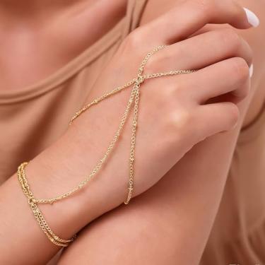Imagem de Corrente feminina, joia de mão, pulseira de dedo, anel, arnês de mão, ajustável, acessório de moda para uso diário, 1 peça (dourado-1)