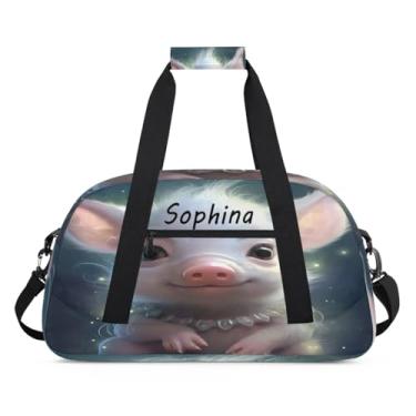 Imagem de Bolsa esportiva personalizada, animal porco, fofo, com nome, bolsa de dormir personalizada, bolsa de fim de semana, bolsa de treino para dança, balé, academia, ginástica, mala, viagem, presente