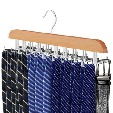 Imagem de Cabide de cinto para armário, gancho de gravata de madeira com 40 ganchos dobráveis, multifuncional, antiderrapante, de aço inoxidável, organizador de gravatas para homens (madeira, 1 pacote)
