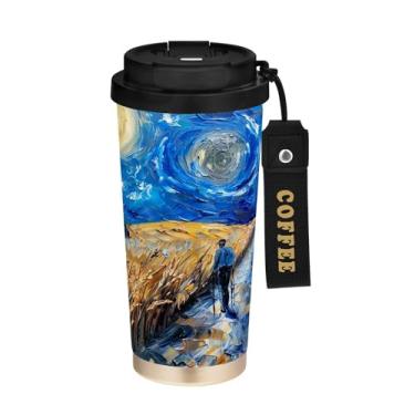 Imagem de SEHANY Caneca de café Starry Starry Night Travel de 500 ml com revestimento de cerâmica e tampa à prova de vazamento, parede dupla, isolada a vácuo, copo de aço inoxidável para bebidas quentes e frias