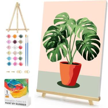 Imagem de bleihum Kit de pintura fácil por números para adultos com armação de cavalete de madeira, kits de pintura por números de plantas para adultos em tela, pintura pequena de folhas por números para