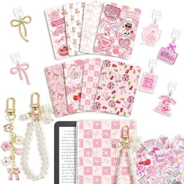 Imagem de KACIOLA STUDIO Conjunto de 8 peças de inserções para leitor eletrônico, 6 pingentes tipo C e 2 correntes com 50 adesivos para e-reader, 17,5 x 12,2 cm, tema de laço rosa para papel branco 11/12