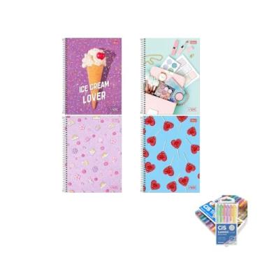 Imagem de Kit Caderno Universitário Vibe Feminino 1M 80F Tilibra Caneta Trigel Metálica 10 Cores Estojo Marca Texto Pastel 6 Cores Cis