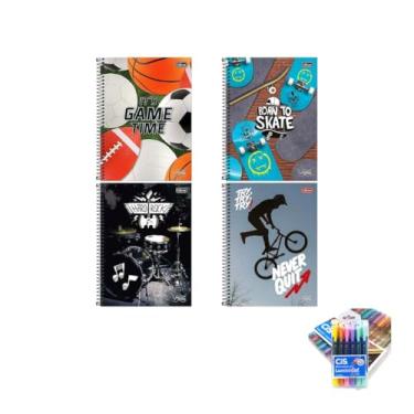 Imagem de Kit Caderno Universitário Vibe Masculino 80F + Caneta Trigel Metálica 10 Cores + Marca Texto Lumini Gel 6 Cores