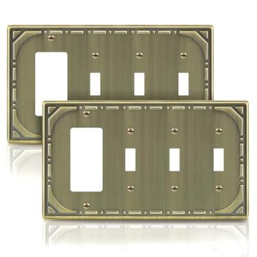 Imagem de Combinação de metal para interruptores de luz, placa de parede, 3 interruptores/1 placa decorativa, latão antigo, placa de parede decorativa de 4 grupos - estilo retrô clássico, pacote com 2