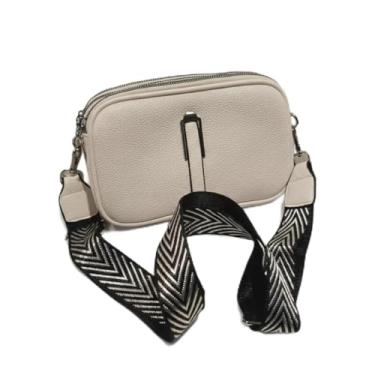 Imagem de Bolsa Transversal Feminina Premium, Couro Sintético, Alça Estampada Chevron, Impermeável, Design Luxo, Preta e Bege (Branco)