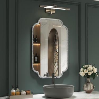 Imagem de MYOTA Espelho decorativo de parede recortada - 61 cm x 91 cm cantos arredondados moldura de metal retangular com detalhes decorativos, montado na parede para banheiro, berçário, sala de estar, entrada