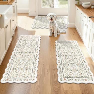 Imagem de Yamaziot Tapetes de cozinha para chão 3 peças, tapete acolchoado antifadiga antiderrapante, impermeável, tapete de pia de cozinha, tapetes florais vintage tapete confortável para lavanderia, mesa, bar