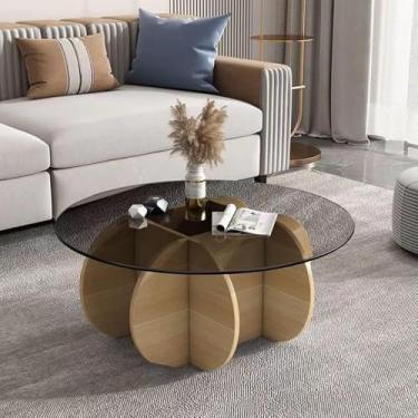 Imagem de Yadlan Mesas de centro redondas de vidro elegante mesa de centro redonda com pernas de madeira maciça e mesa de vidro temperado para sala de estar casa pequeno espaço recepção mesas de escritório cor