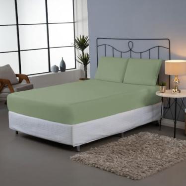 Imagem de Jogo de Lençol Casal King Liso, Percal 180 Fios, 3 Peças com Elástico, 80% Algodão e 20% Poliéster, 2,03m x 1,93m x 40cm (Verde Cana)