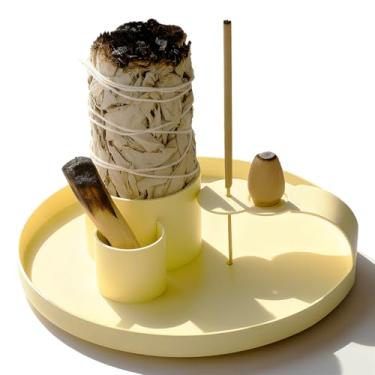 Imagem de Porta-incenso multifuncional, suporte para queimador de sálvia, queimador Palo Santo, bandeja de captura de cinzas de 13,9 cm, suporte para mancha com alça para varas de incenso, vela de cone de