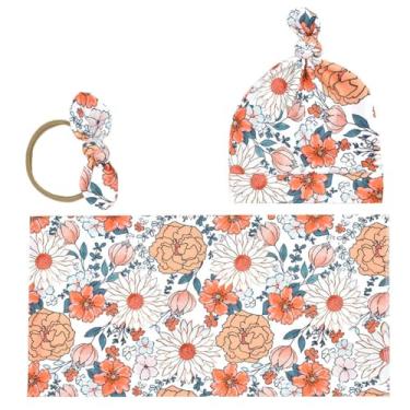 Imagem de BxuanW Conjunto de chapéu de faixa de cabeça para recém-nascidos com estampa de bebê menina cobertor recém-nascido hospital roupa de banho infantil presente 0-3 meses (flor vintage - branco)