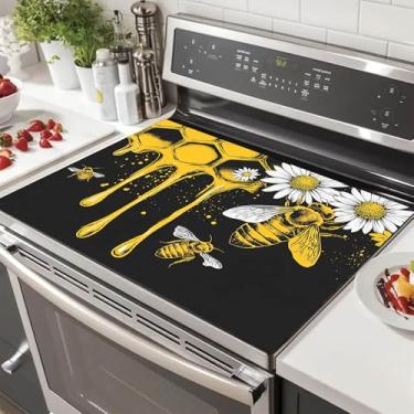 Imagem de HOMETITUTE Capa superior de fogão de abelha mel para decoração de cozinha de diatomita elétrica de 71 x 50 cm, protetor de fogão de vidro resistente ao calor, tapete de bancada com design floral de