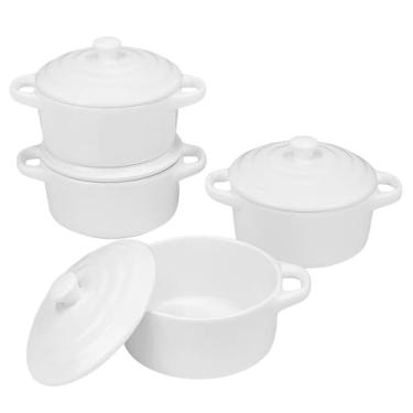 Imagem de Yalong Conjunto de 4 mini cocotte, caçarola pequena de 425 g com tampas e alças, pequenos ramequins para assar, mini forno holandês de cerâmica para suflê, pudins, sopas, sobremesas assadas, forno