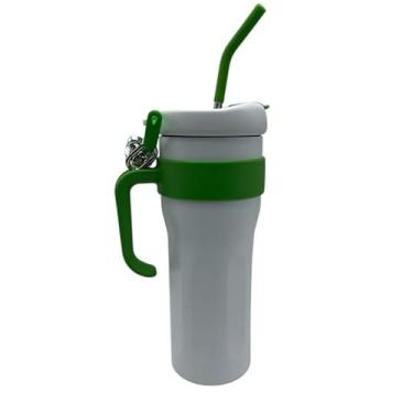 Imagem de Copo Térmico com Tampa 2 em 1 (Bico e Canudo) - 2 Formas de Beber, Design Moderno, Isolamento Térmico, Cores Vibrantes - Para Academia, Trabalho e Viagens (Branco com Alça Aberta Verde)