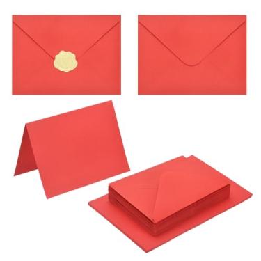 Imagem de PATIKIL Pacote com 20 envelopes vermelhos 12 x 18 cm com cartões, envelopes A7 de aba em V com cartolina e adesivos dourados para cartões comemorativos de casamento, convites de aniversário, carta