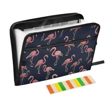 Imagem de CEBUGI Pasta expansível de 13 bolsos, impermeável, sanfonada, organizador de arquivos com etiquetas tamanho A4, organizador de documentos de papel para escola, material de escritório, flamingos