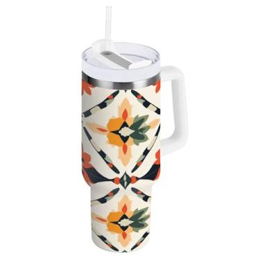 Imagem de Qilmy Copo de cerâmica retrô estilo mexicano de 850 g com tampa e palha, copo isolado de aço inoxidável durável à prova de vazamento com alça, garrafas de água à prova de derramamento para viagens1869