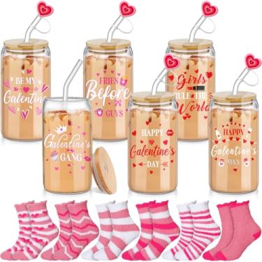 Imagem de Mepase Conjunto de 18 peças de presentes de amizade para o Dia de Galentine para mulheres copos de vidro em forma de lata de 473 ml com tampas e canudos de decoração de coração rosa vermelho meias