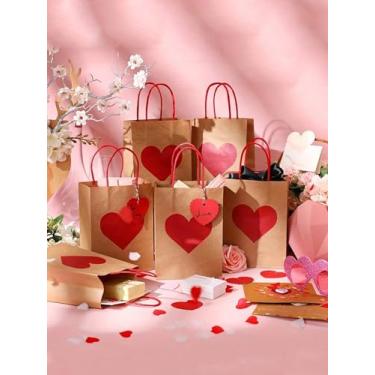 Imagem de 18 sacos de presente de papel kraft com alças (6 sacos + 6 corações vermelhos + 6 cordas) sacolas artesanais adequadas para casamentos, Dia das Mães, Ação de Graças, aniversários e aniversários