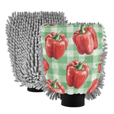 Imagem de STAYTOP Luvas de lavagem de carro com pimentões vermelhos, 2 peças, luvas de microfibra de chenille, sem arranhões, panos de esponja de lavagem ultra absorventes para carros, limpeza doméstica - L