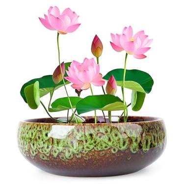 Imagem de ARTKETTY Tigela de lótus - Tigela grande de flor de lótus de 20 cm para plantas aquáticas, tigela de bonsai de cerâmica para plantas hidropônicas, suculentas, ambientes internos e externos