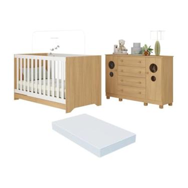 Imagem de Berço Americano 3 em 1 com Colchão Incluso e Cômoda 2 Portas 4 Gavetas Bombom Multimóveis Mp4720 Madeirado
