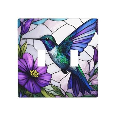 Imagem de Indokyeyqaz Placa decorativa para parede com interruptor de luz dupla para beija-flor de vitral, 2 placas de interruptor e tampas de tomada 11,4 x 11,4 cm para quarto, banheiro, cozinha, decoração de
