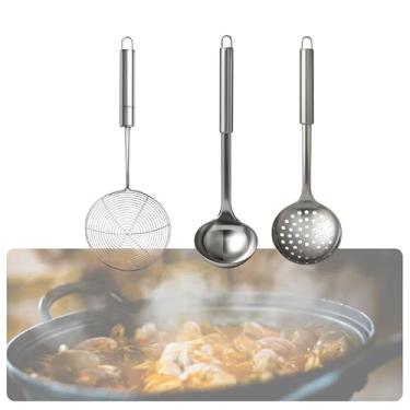 Imagem de Kit Utensílios de Cozinha Aço Inox, 3 Peças, Concha, Escumadeira, Peneira Aramada, 32-34cm, Linha Premium