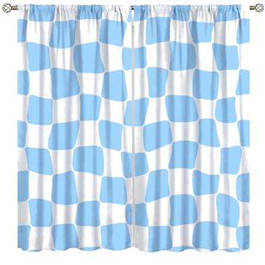 Imagem de VUMIVI Cortinas quadriculadas retrô com estampa abstrata de tabuleiro de xadrez azul 1960 Op Art Design geométrico tratamentos de janela para crianças, meninos, meninas, quarto, cozinha, sala de estar
