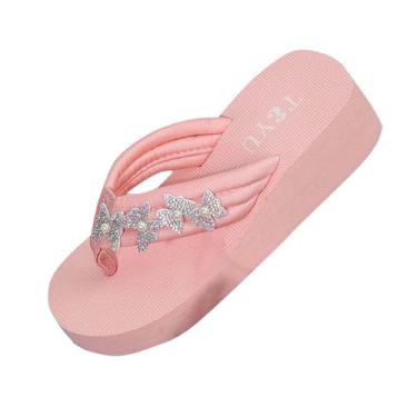 Imagem de Sandálias de dedo femininas com enfeite de strass, sola grossa, confortável para uso ao ar livre, material de pano, rosa, 35