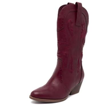 Imagem de Sugar Botas femininas caubói ocidentais – Botas de cano médio com detalhe de costura/design perfurado – bico fino, salto bloco, ajuste sem fecho, Tammy-Borgonha, 38