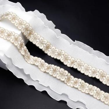 Imagem de AHANDMAKER Acabamento de babados brancos de 3 metros, fita de renda de poliéster plissada de camada dupla de 9 cm de largura, borda elástica, acabamento de renda bordado floral para vestido de costura