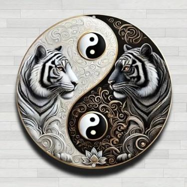 Imagem de Placa de parede redonda de metal de alumínio rústico vintage Yin Yang Tigers flor de lótus, 20 cm, presentes e decoração para casa, escritório, café e quintal