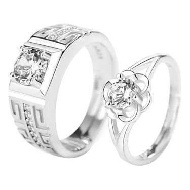 Imagem de Par Aliança Compromisso Prateado com Pedra Brilhante Coroa Elegante Ajustável(Prateado)