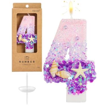 Imagem de PHD CAKE Número 4 velas roxas de aniversário na praia, celebração de festa
