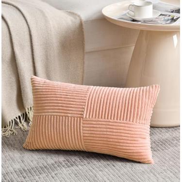 Imagem de Fancy Homi Capas de almofada decorativas para lombar pêssego 50 x 28 polegadas para sala de estar sofá-cama, decoração de casa boho, decoração de casa rústica de veludo cotelê listrado macio retângulo