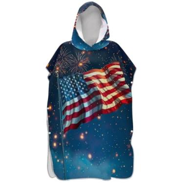 Imagem de Joisal Roupão para adultos, poncho de surfe, toalhas de banho com capuz, secagem rápida, ponchos de praia para homens, bandeira americana, fogos de artifício, azul