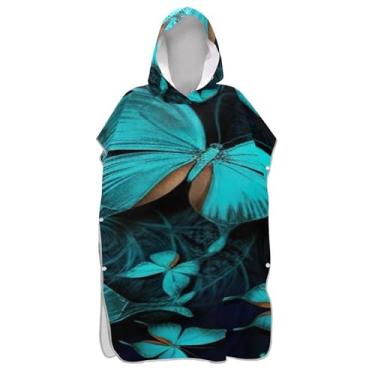 Imagem de Poncho de surf vestível para adultos trocador de roupa de praia com capuz toalha de banho borboletas azuis chiques escuros homens mulheres poncho com capuz